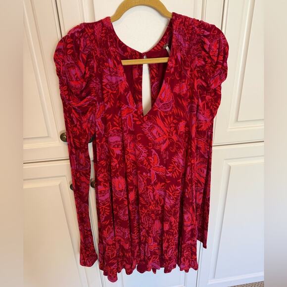 Free People Women’s Hello Lover Dress Tunic Top Size Small Red Ruched Fall - Picture 3 of 12